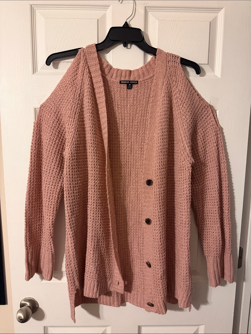 Moral Fiber Rose-Pink Cold-Shoulder Waffle Knit Cardigan
